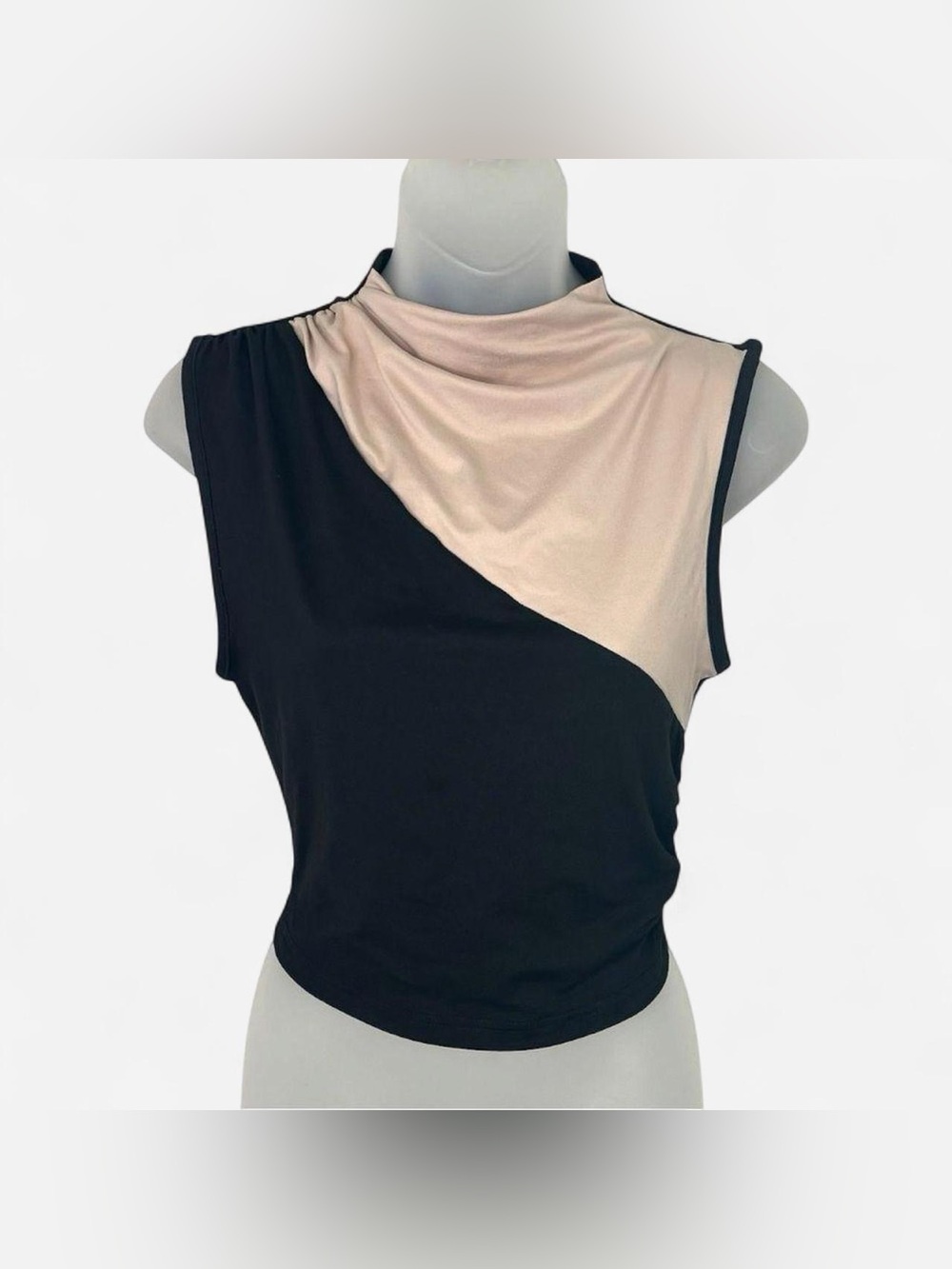 SHEIN Black Beige Color Block Draped Mock Neck Sleeveless Top Size Small